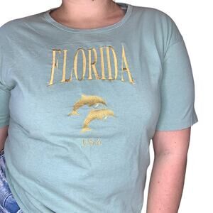 Vintage Sage Green Florida Dolphin Embroidered Singlestitch Shirt Tee